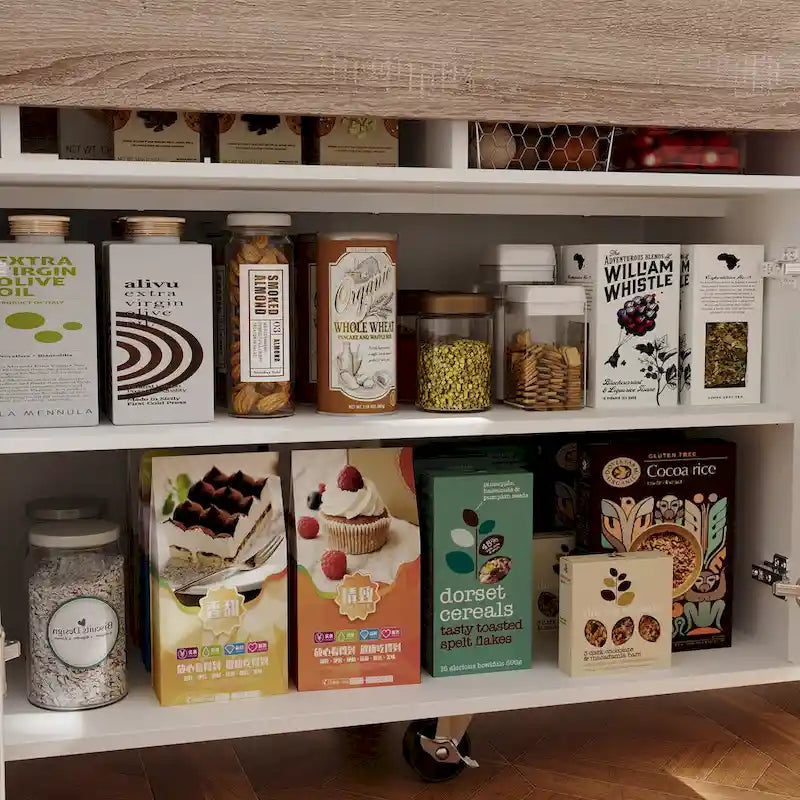 Desserte de cuisine blanche à roulettes avec plateau rabattable, 2 tiroirs et 2 placards, utilisation par 1 personne
