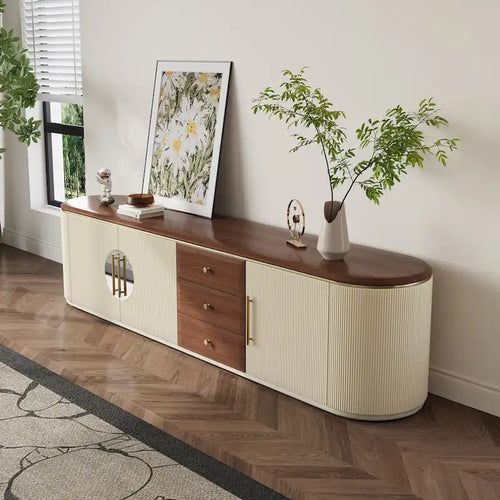 Meuble TV de 78,74" – Placage de bois brun, beige, aucun assemblage requis