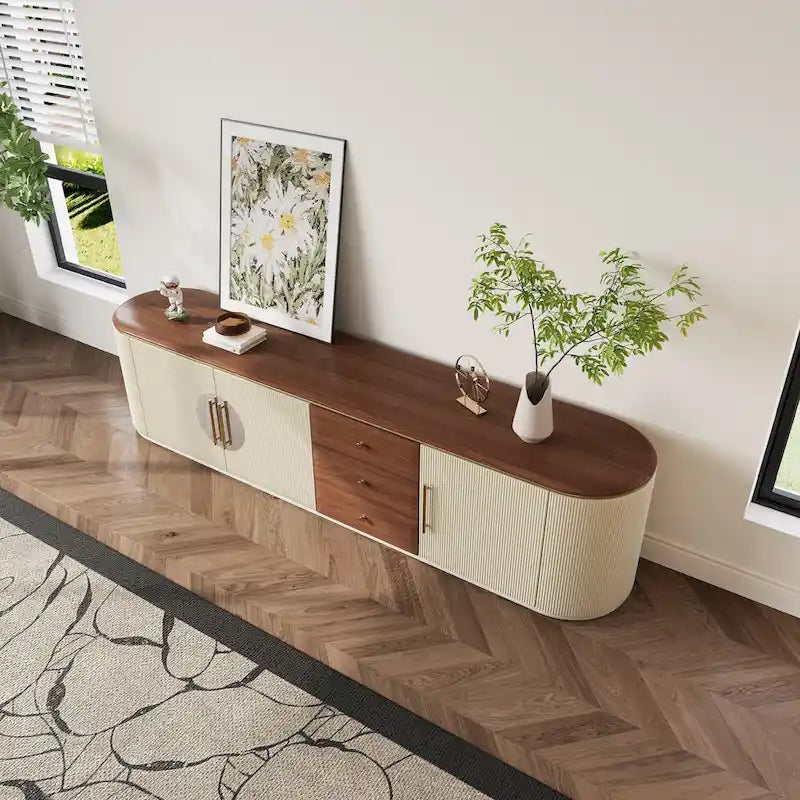 Meuble TV de 78,74" – Placage de bois brun, beige, aucun assemblage requis
