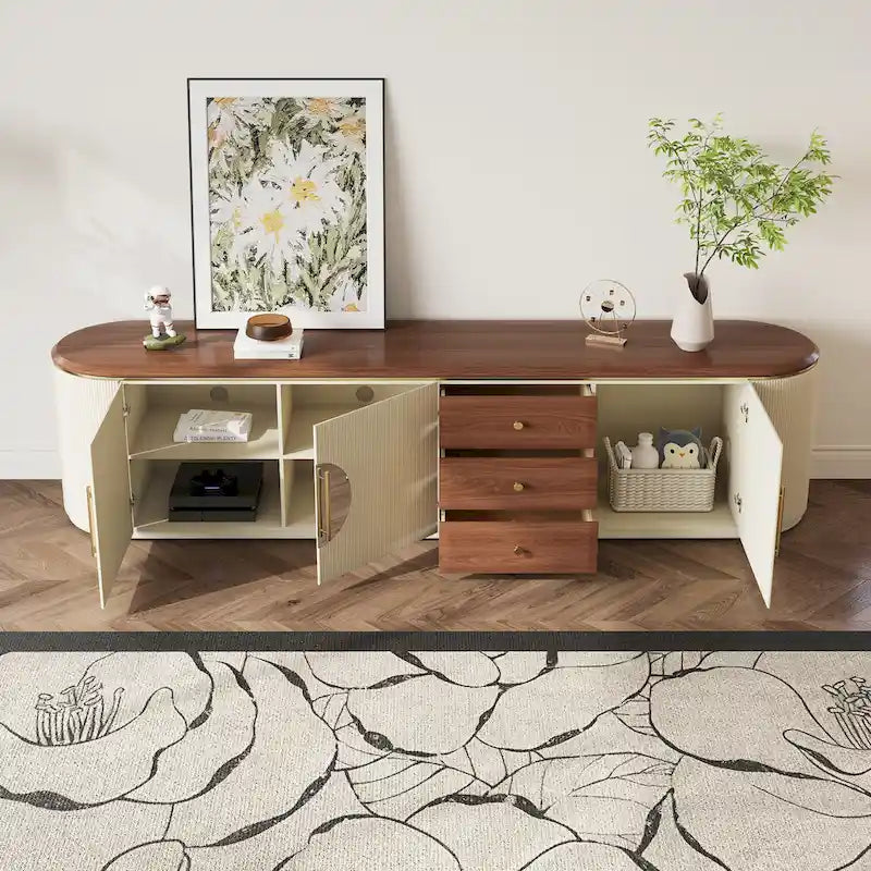 Meuble TV de 78,74" – Placage de bois brun, beige, aucun assemblage requis