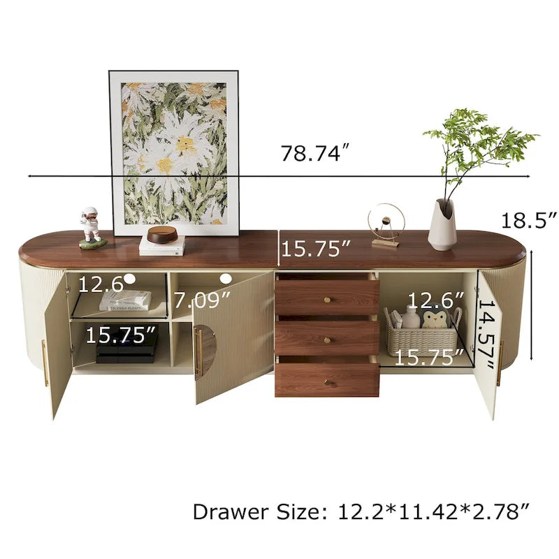 Meuble TV de 78,74" – Placage de bois brun, beige, aucun assemblage requis