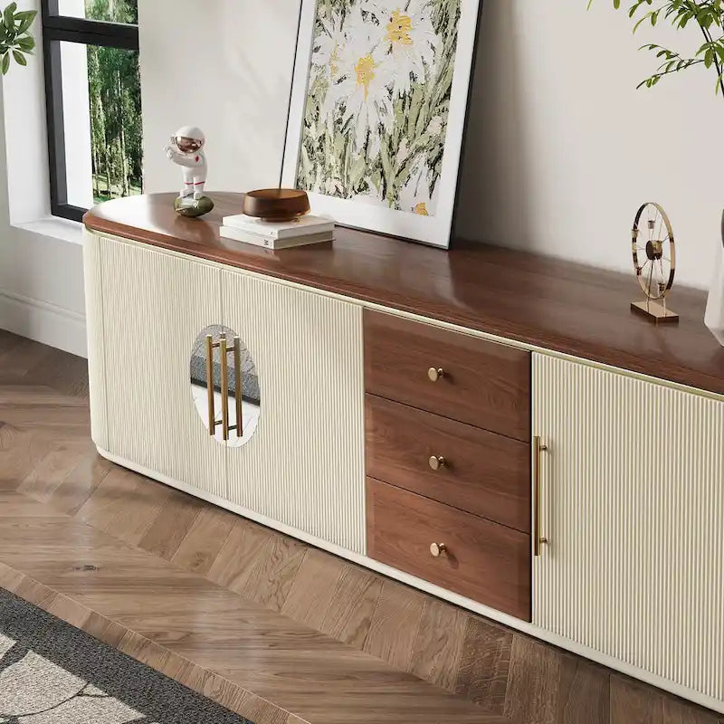 Meuble TV de 78,74" – Placage de bois brun, beige, aucun assemblage requis