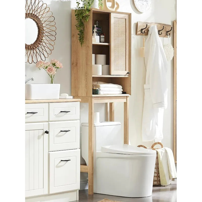 Meuble de rangement sur toilettes en chêne naturel, style rotin, montage par 1 personne