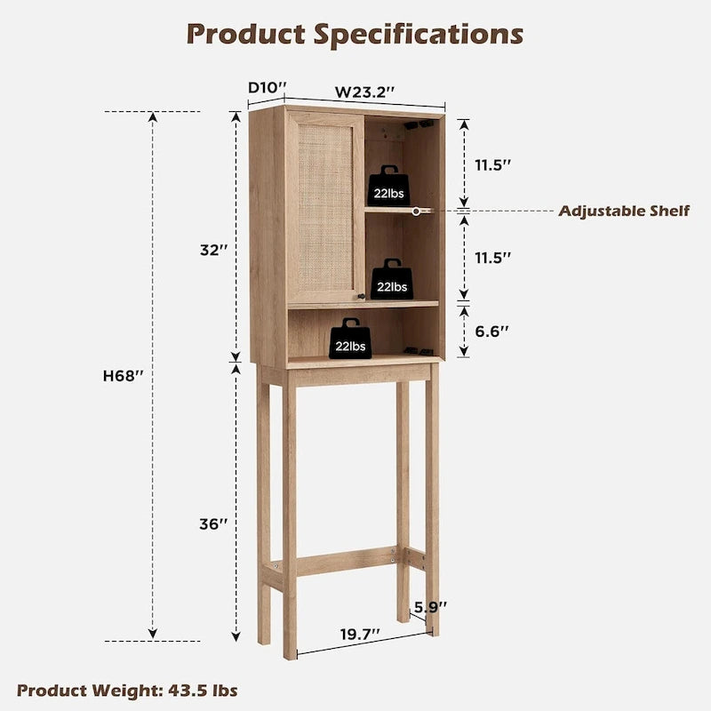 Meuble de rangement sur toilettes en chêne naturel, style rotin, montage par 1 personne