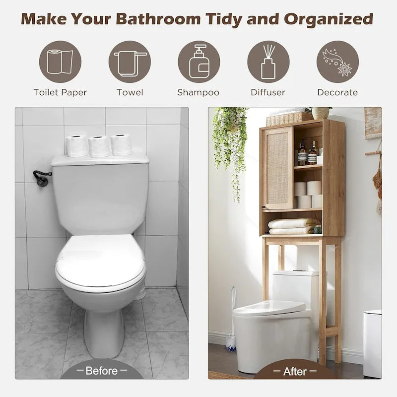 Meuble de rangement sur toilettes en chêne naturel, style rotin, montage par 1 personne
