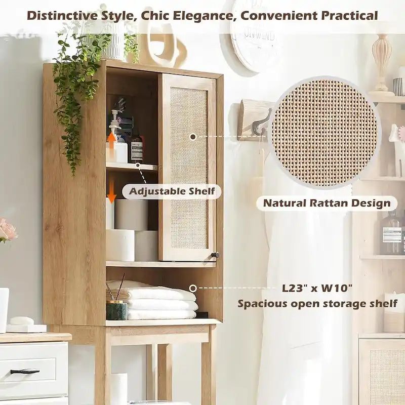 Meuble de rangement sur toilettes en chêne naturel, style rotin, montage par 1 personne