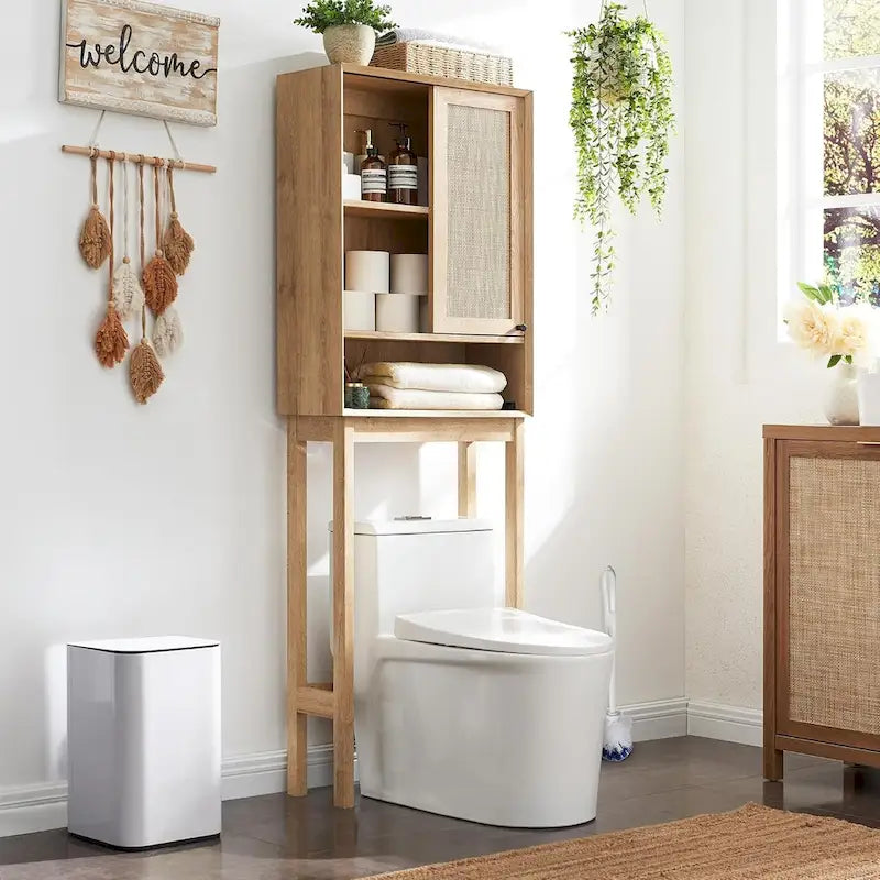 Meuble de rangement sur toilettes en chêne naturel, style rotin, montage par 1 personne