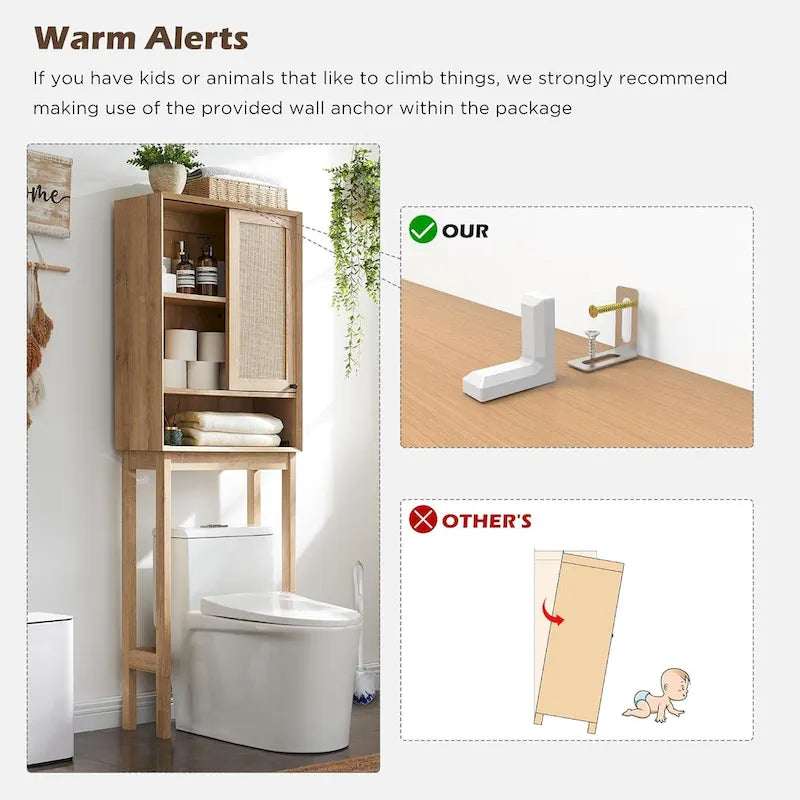 Meuble de rangement sur toilettes en chêne naturel, style rotin, montage par 1 personne