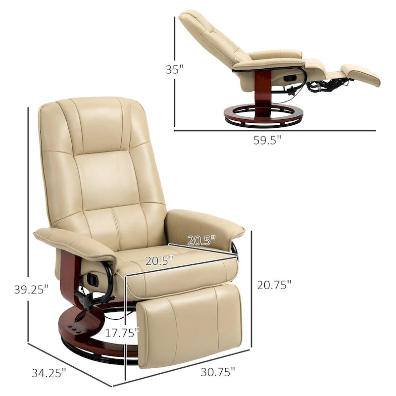 Fauteuil inclinable pivotant en cuir PU blanc cassé – 1 place