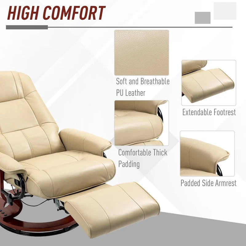 Fauteuil inclinable pivotant en cuir PU blanc cassé – 1 place