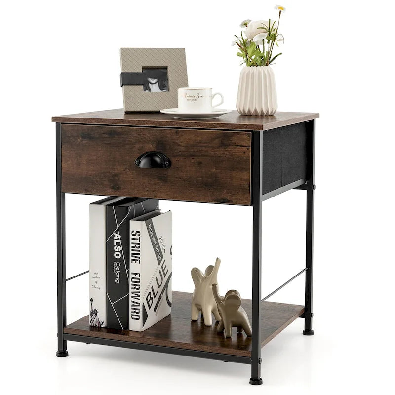 Table de chevet à 2 niveaux en bois marron, 1 tiroir + étagère ouverte, utilisation individuelle