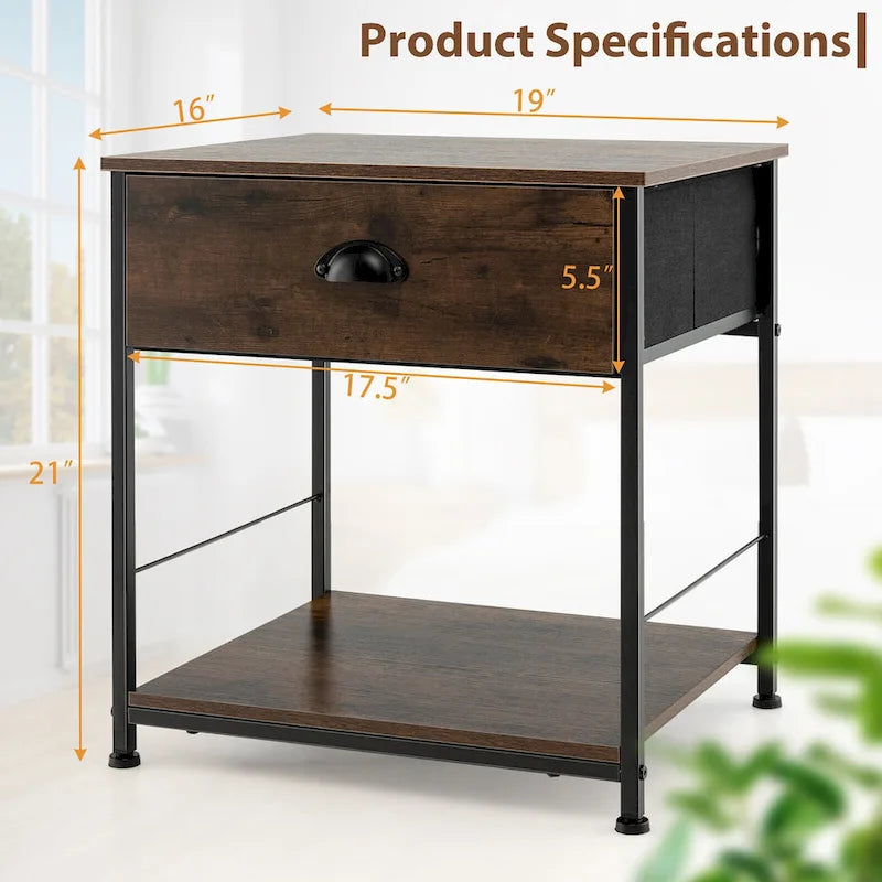 Table de chevet à 2 niveaux en bois marron, 1 tiroir + étagère ouverte, utilisation individuelle