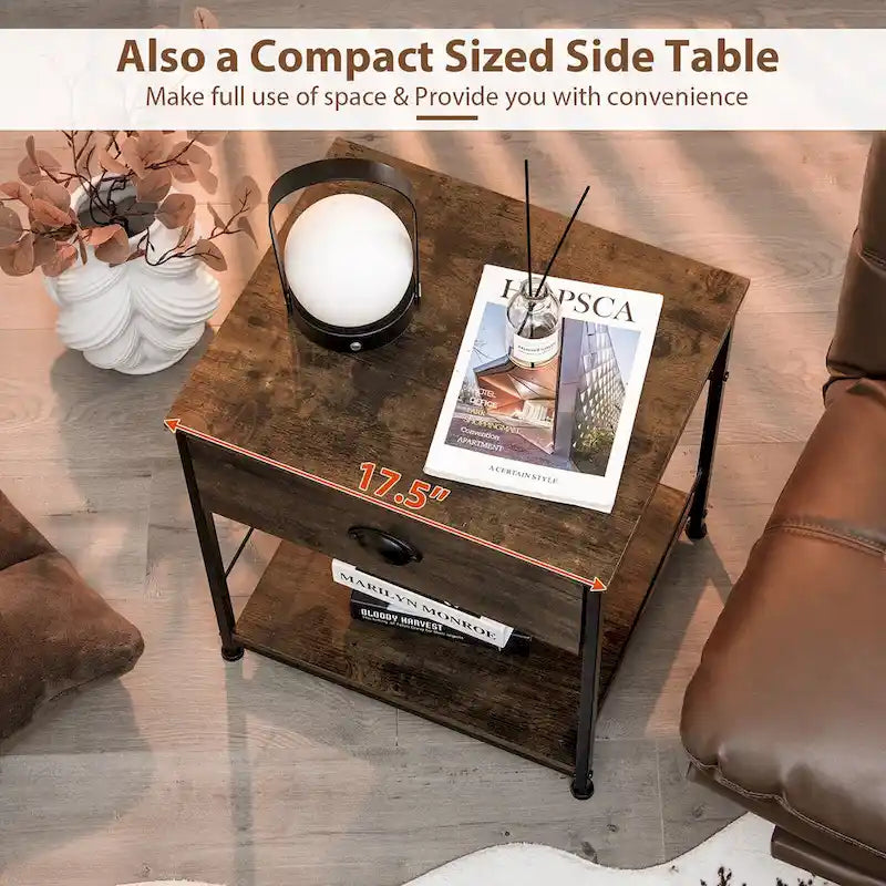 Table de chevet à 2 niveaux en bois marron, 1 tiroir + étagère ouverte, utilisation individuelle