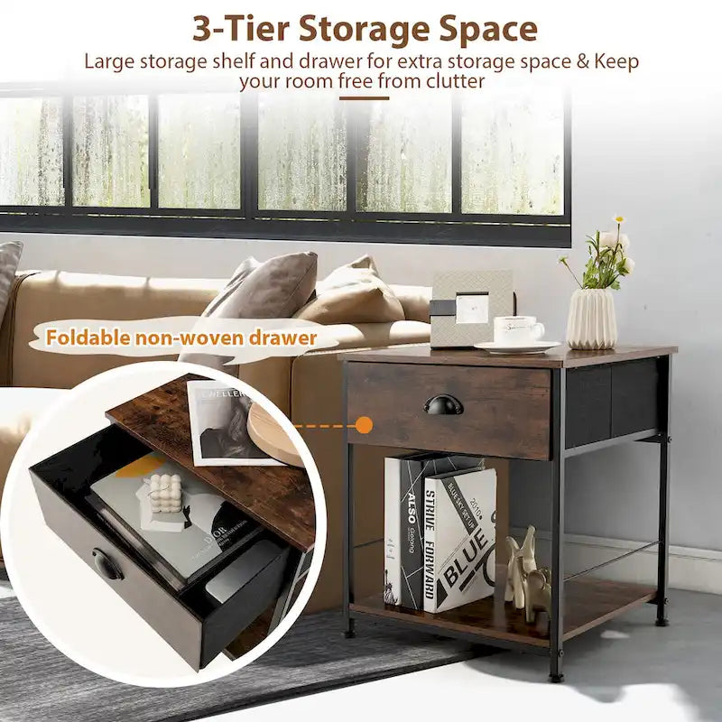Table de chevet à 2 niveaux en bois marron, 1 tiroir + étagère ouverte, utilisation individuelle