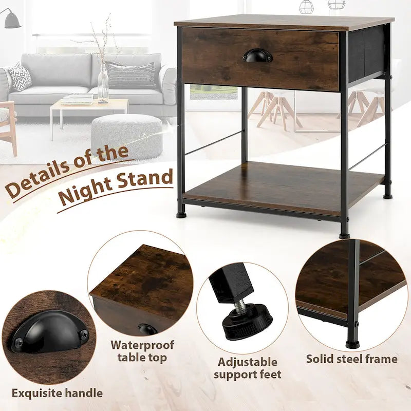 Table de chevet à 2 niveaux en bois marron, 1 tiroir + étagère ouverte, utilisation individuelle