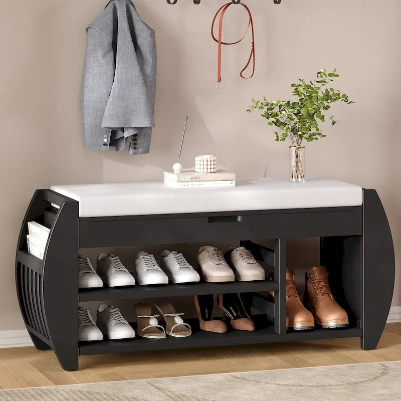 Banc de rangement pour chaussures rembourré 1 place avec côtés incurvés - Noir / Bleu marine antique / Naturel / Espresso / Blanc antique