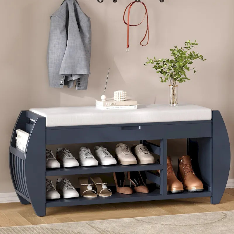 Banc de rangement pour chaussures rembourré 1 place avec côtés incurvés - Noir / Bleu marine antique / Naturel / Espresso / Blanc antique