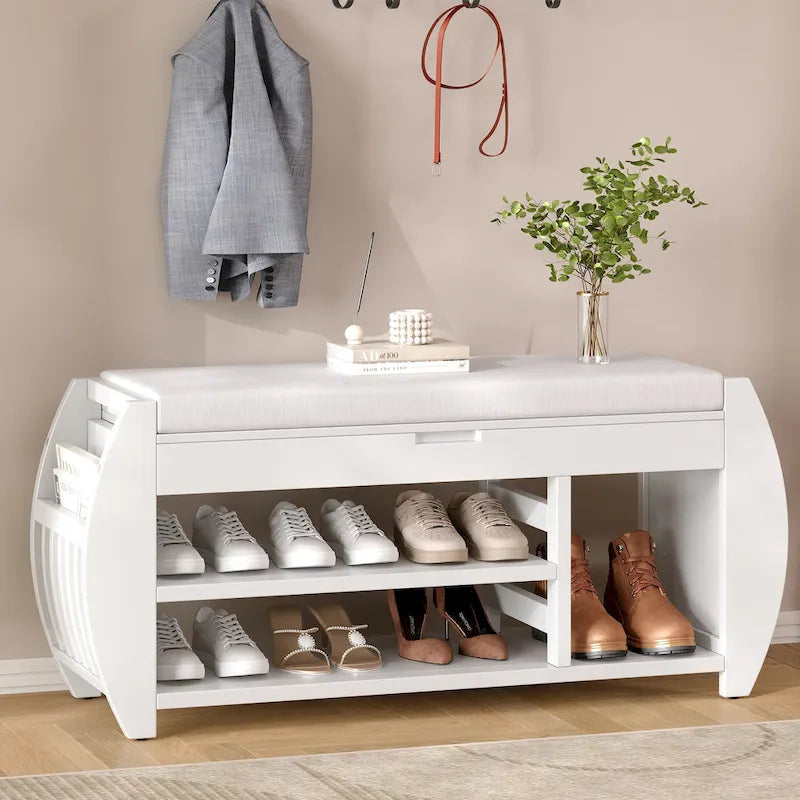 Banc de rangement pour chaussures rembourré 1 place avec côtés incurvés - Noir / Bleu marine antique / Naturel / Espresso / Blanc antique