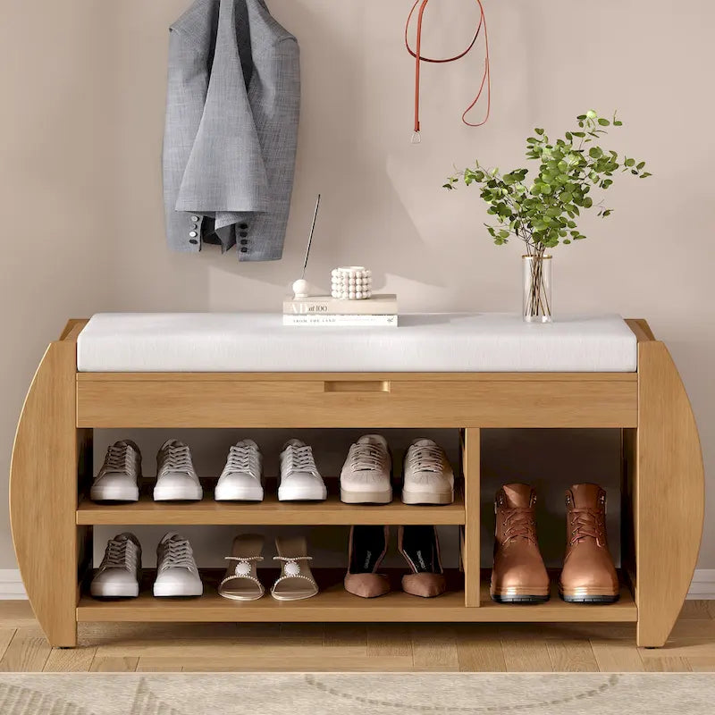 Banc de rangement pour chaussures rembourré 1 place avec côtés incurvés - Noir / Bleu marine antique / Naturel / Espresso / Blanc antique