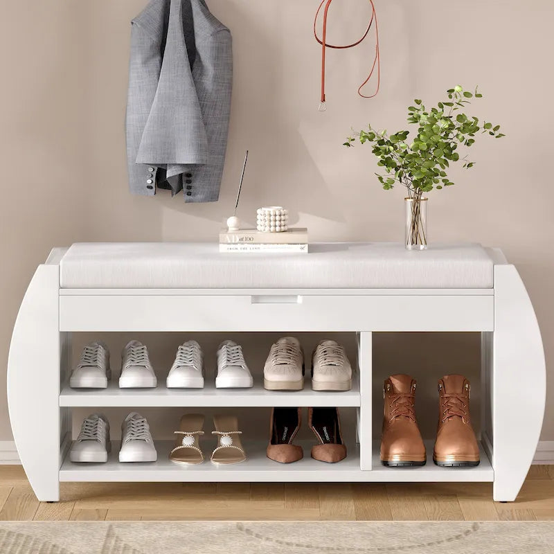 Banc de rangement pour chaussures rembourré 1 place avec côtés incurvés - Noir / Bleu marine antique / Naturel / Espresso / Blanc antique
