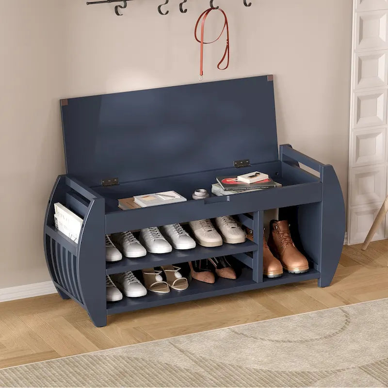 Banc de rangement pour chaussures rembourré 1 place avec côtés incurvés - Noir / Bleu marine antique / Naturel / Espresso / Blanc antique