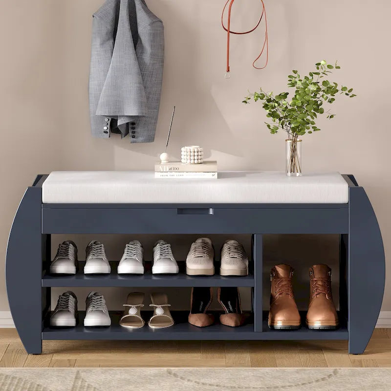 Banc de rangement pour chaussures rembourré 1 place avec côtés incurvés - Noir / Bleu marine antique / Naturel / Espresso / Blanc antique