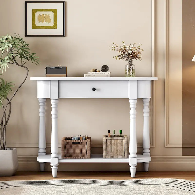 Console étroite vintage avec tiroir et étagère, 1 personne (gris/blanc/beige/bleu marine)