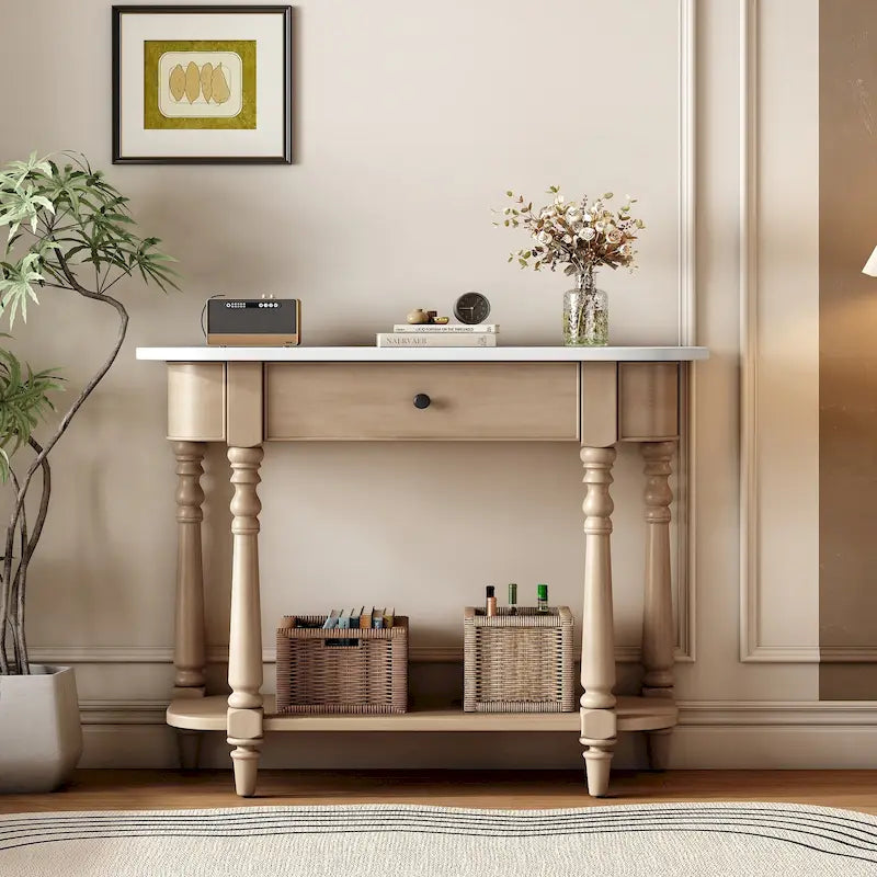Console étroite vintage avec tiroir et étagère, 1 personne (gris/blanc/beige/bleu marine)