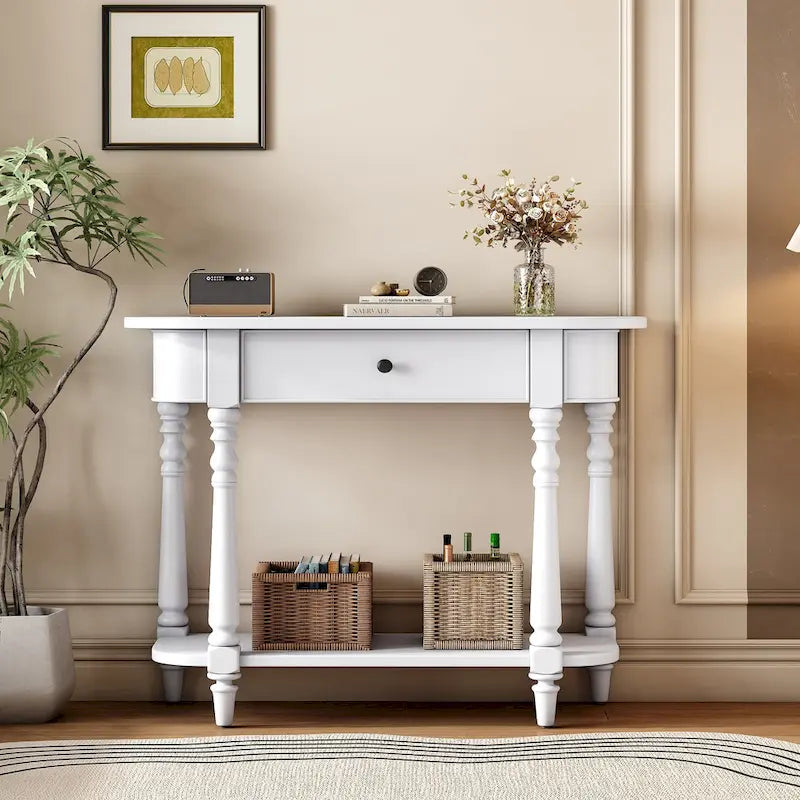 Console étroite vintage avec tiroir et étagère, 1 personne (gris/blanc/beige/bleu marine)