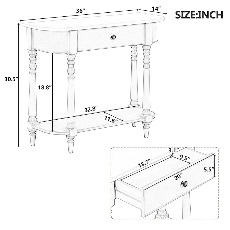 Console étroite vintage avec tiroir et étagère, 1 personne (gris/blanc/beige/bleu marine)
