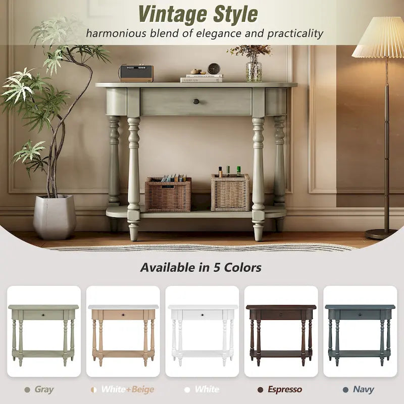Console étroite vintage avec tiroir et étagère, 1 personne (gris/blanc/beige/bleu marine)