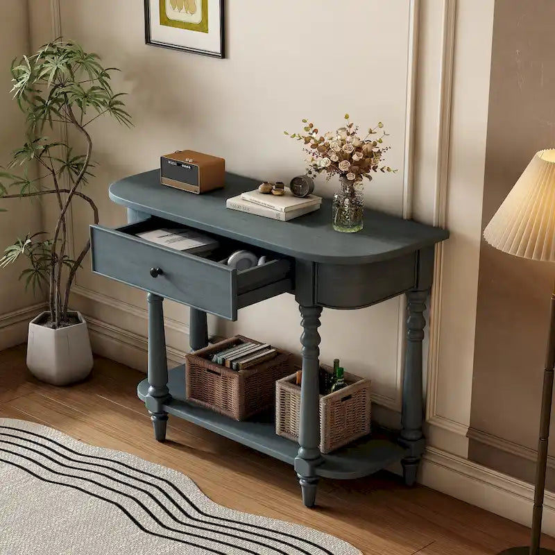 Console étroite vintage avec tiroir et étagère, 1 personne (gris/blanc/beige/bleu marine)