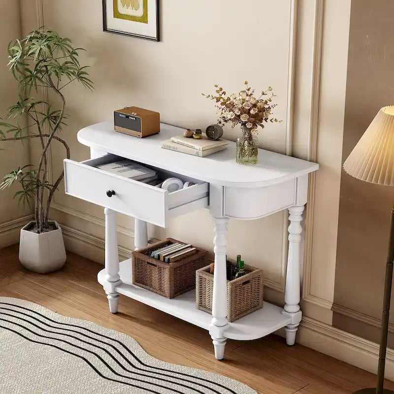 Console étroite vintage avec tiroir et étagère, 1 personne (gris/blanc/beige/bleu marine)