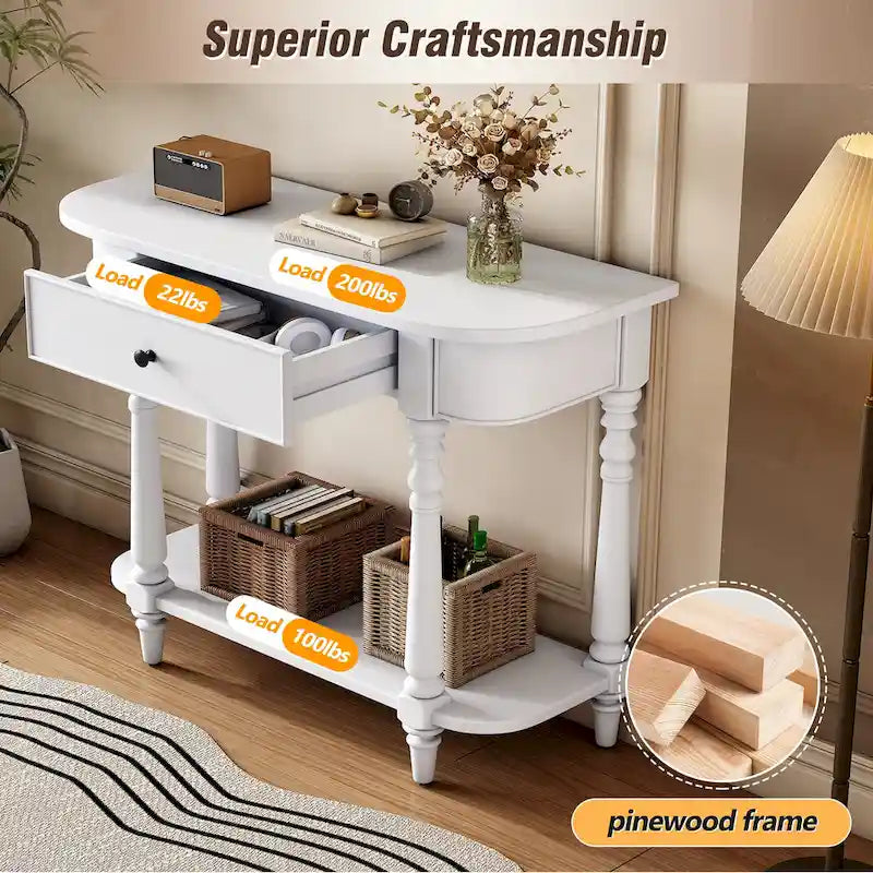 Console étroite vintage avec tiroir et étagère, 1 personne (gris/blanc/beige/bleu marine)