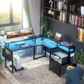 Bureau d'Angle en L pour 1 Personne, avec Prise de Courant, Ports USB, Bande LED et Rangement (Noir / Marron Rustique / Chêne Gris / Blanc)