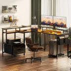 Bureau d'Angle en L pour 1 Personne, avec Prise de Courant, Ports USB, Bande LED et Rangement (Noir / Marron Rustique / Chêne Gris / Blanc)