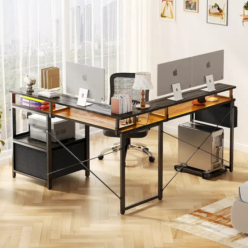 Bureau d'Angle en L pour 1 Personne, avec Prise de Courant, Ports USB, Bande LED et Rangement (Noir / Marron Rustique / Chêne Gris / Blanc)