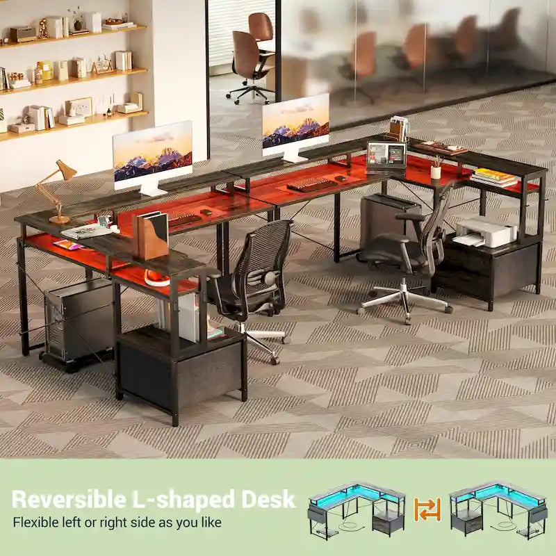 Bureau d'Angle en L pour 1 Personne, avec Prise de Courant, Ports USB, Bande LED et Rangement (Noir / Marron Rustique / Chêne Gris / Blanc)