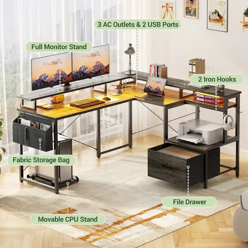 Bureau d'Angle en L pour 1 Personne, avec Prise de Courant, Ports USB, Bande LED et Rangement (Noir / Marron Rustique / Chêne Gris / Blanc)