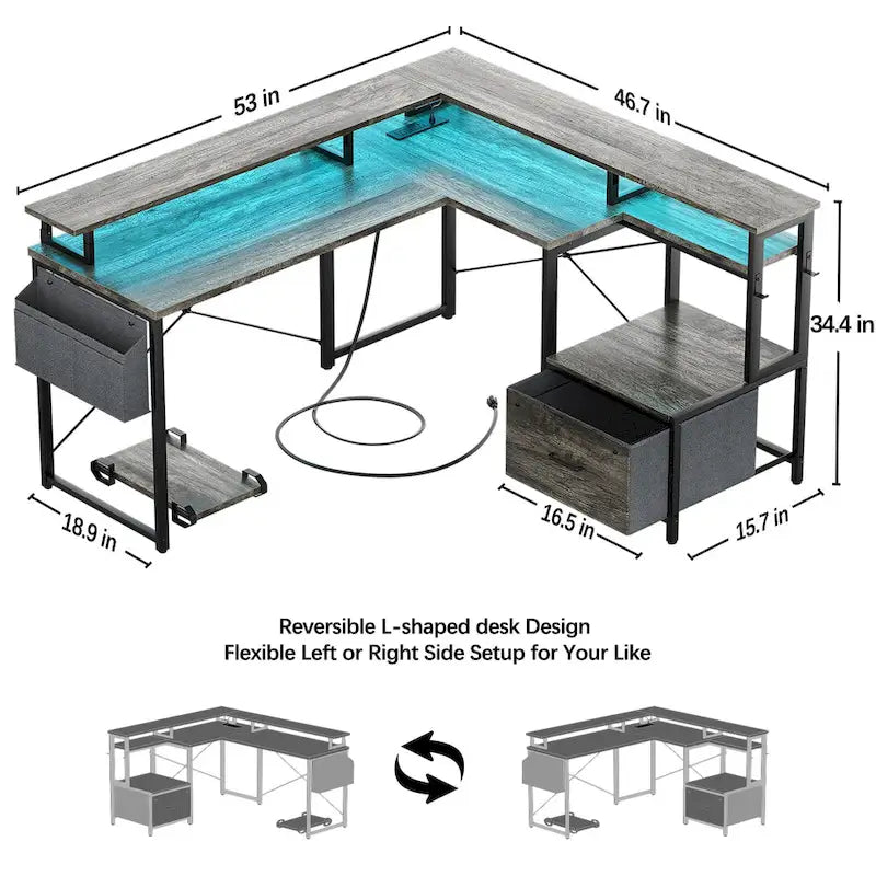 Bureau d'Angle en L pour 1 Personne, avec Prise de Courant, Ports USB, Bande LED et Rangement (Noir / Marron Rustique / Chêne Gris / Blanc)