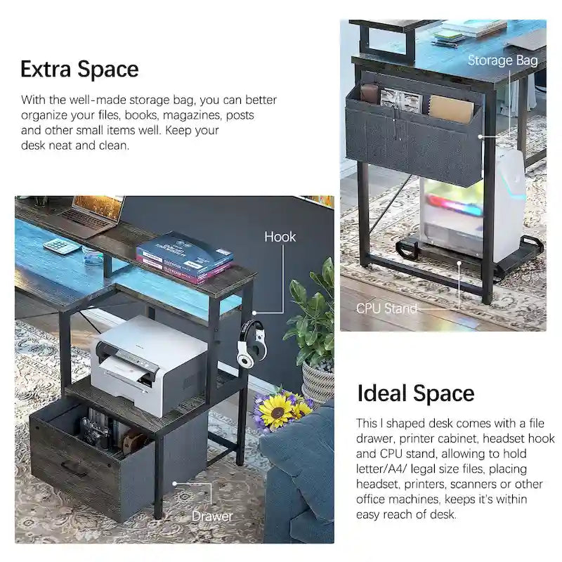 Bureau d'Angle en L pour 1 Personne, avec Prise de Courant, Ports USB, Bande LED et Rangement (Noir / Marron Rustique / Chêne Gris / Blanc)