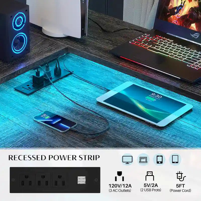 Bureau d'Angle en L pour 1 Personne, avec Prise de Courant, Ports USB, Bande LED et Rangement (Noir / Marron Rustique / Chêne Gris / Blanc)