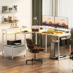 Bureau d'Angle en L pour 1 Personne, avec Prise de Courant, Ports USB, Bande LED et Rangement (Noir / Marron Rustique / Chêne Gris / Blanc)