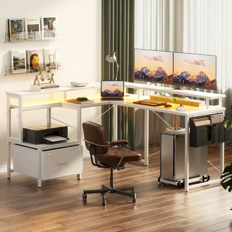 Bureau d'Angle en L pour 1 Personne, avec Prise de Courant, Ports USB, Bande LED et Rangement (Noir / Marron Rustique / Chêne Gris / Blanc)