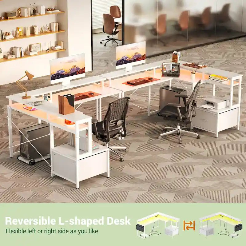 Bureau d'Angle en L pour 1 Personne, avec Prise de Courant, Ports USB, Bande LED et Rangement (Noir / Marron Rustique / Chêne Gris / Blanc)