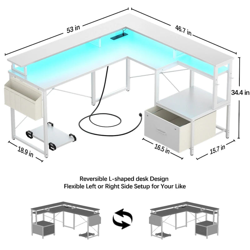 Bureau d'Angle en L pour 1 Personne, avec Prise de Courant, Ports USB, Bande LED et Rangement (Noir / Marron Rustique / Chêne Gris / Blanc)