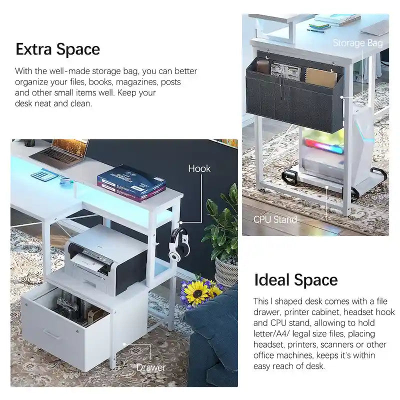 Bureau d'Angle en L pour 1 Personne, avec Prise de Courant, Ports USB, Bande LED et Rangement (Noir / Marron Rustique / Chêne Gris / Blanc)