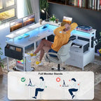 Bureau d'Angle en L pour 1 Personne, avec Prise de Courant, Ports USB, Bande LED et Rangement (Noir / Marron Rustique / Chêne Gris / Blanc)