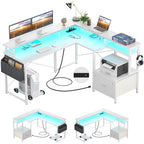 Bureau d'Angle en L pour 1 Personne, avec Prise de Courant, Ports USB, Bande LED et Rangement (Noir / Marron Rustique / Chêne Gris / Blanc)