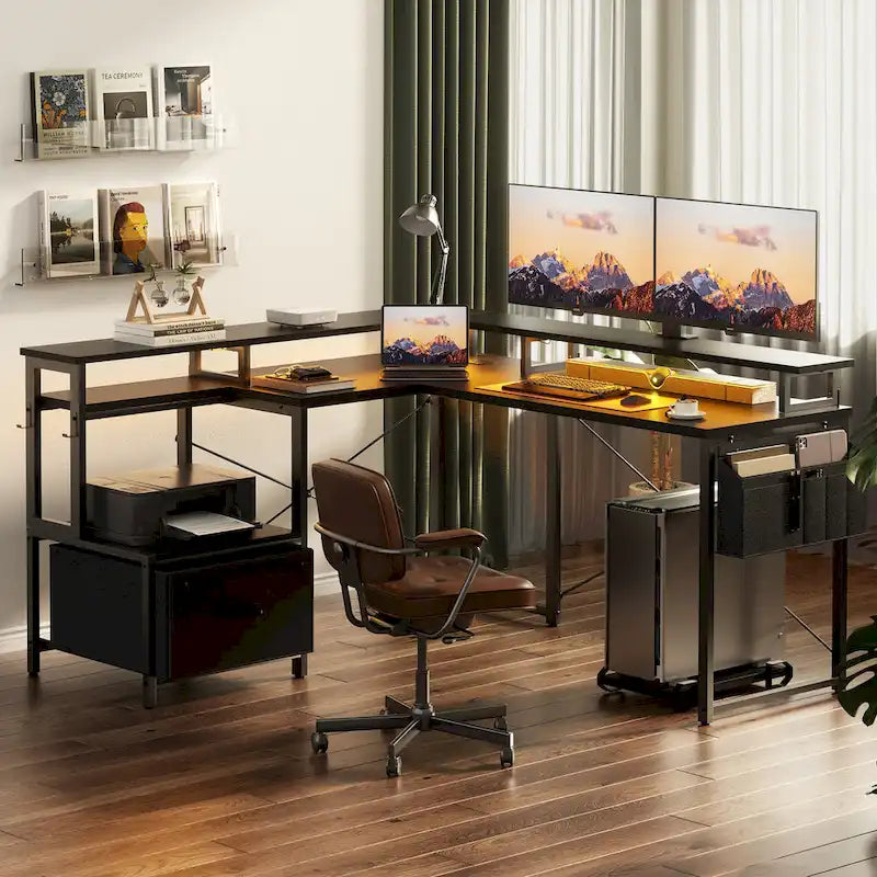 Bureau d'Angle en L pour 1 Personne, avec Prise de Courant, Ports USB, Bande LED et Rangement (Noir / Marron Rustique / Chêne Gris / Blanc)